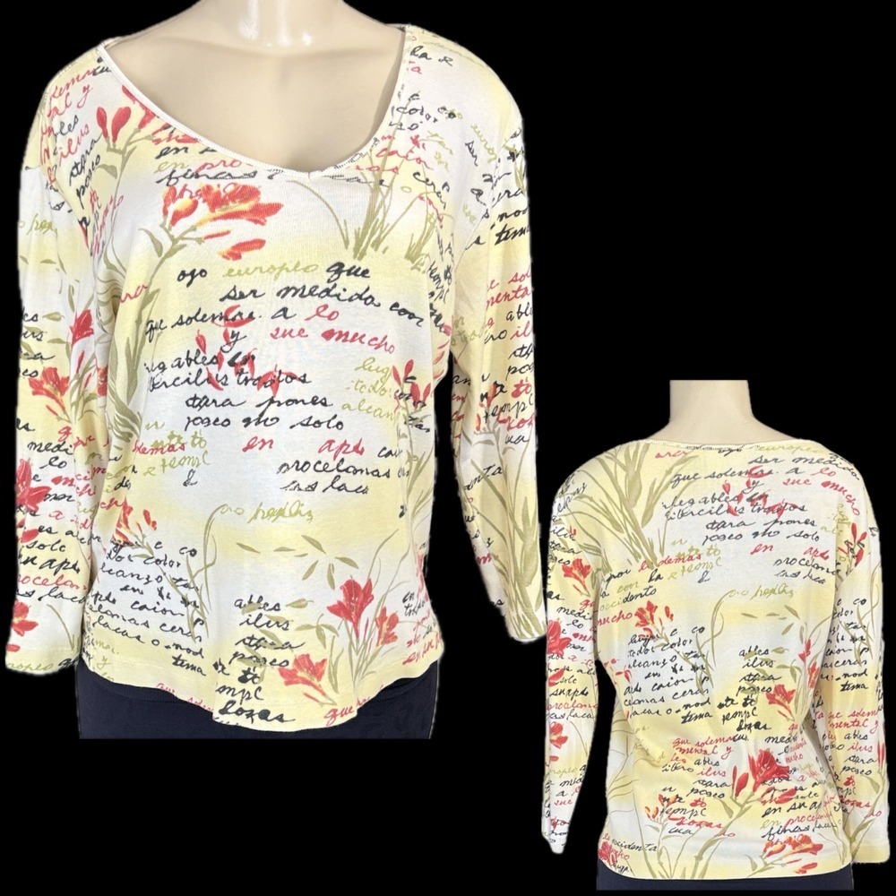 Chico's Design 1/M Yellow Floral Spanish Script Print V-Neckline 3/4 Sleeve Top